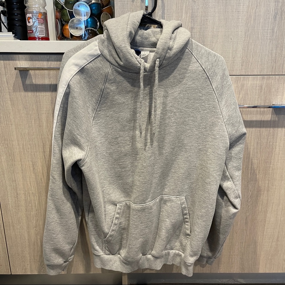 H&M Men’s Grey Hoodie with White Striped Sleeves. Size Medium